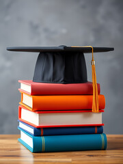 Graduation cap rests atop colorful stacked books symbolizing the end of school education