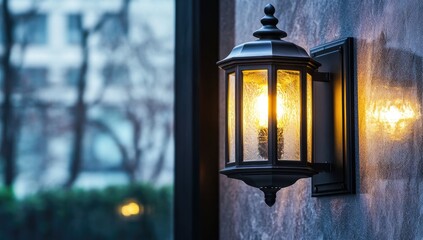 A black, glass-enclosed wall lantern with a warm, yellow light illuminates a concrete wall
