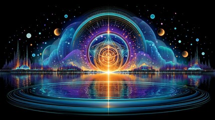 Fototapeta premium Futuristic cosmic sunrise over a glowing cityscape with geometric energy spheres, vibrant reflections and floating planets in a dreamlike space scene