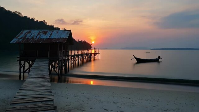 A pier with shack leads into the ocean at sunset with a boat in the distance.