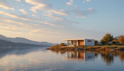 Obraz premium Modern House on Lake at Sunset