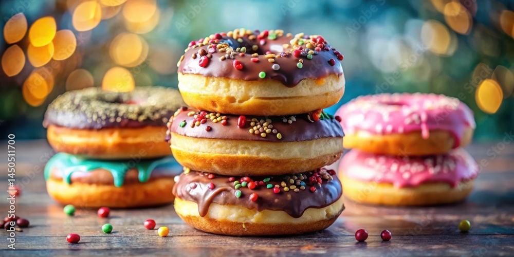 Poster a stack of chocolate and colorful glazed donuts with sprinkles on a rustic wooden surface with scatt