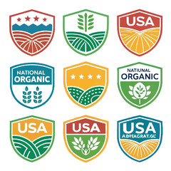 Obraz premium Collection of Organic Badges and Labels Organic Food Products and USA Agriculture gmo vector icon