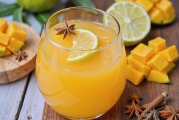 Fototapeta premium A refreshing glass of vibrant orange juice garnished with a slice of lemon and star anise sits on a rustic wooden table