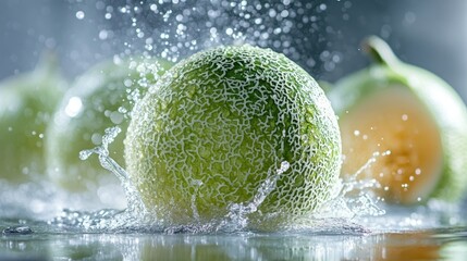A melon ball with water splash halo, on white background