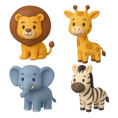 Naklejka premium Safari Animal Ensemble: Charming illustration of four endearing safari animals, capturing their unique features with a playful and inviting style, ideal for children's projects.