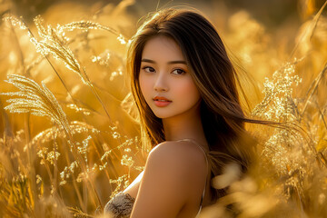 Portrait of beautiful Asian woman in golden field with long hair beauty fashion model photography