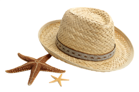 straw hat and sunglasses on white background