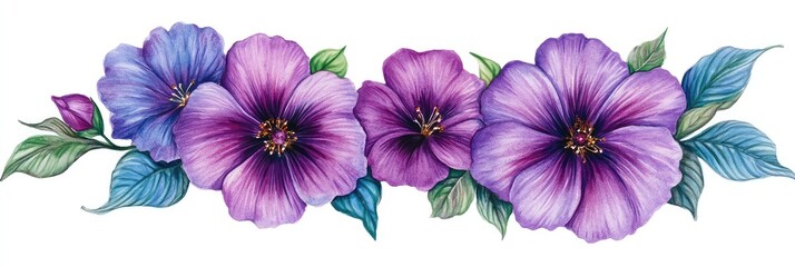 Watercolor floral arrangement of purple and blue flowers with green leaves