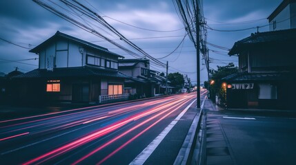 Traditional street with light trails at twilight