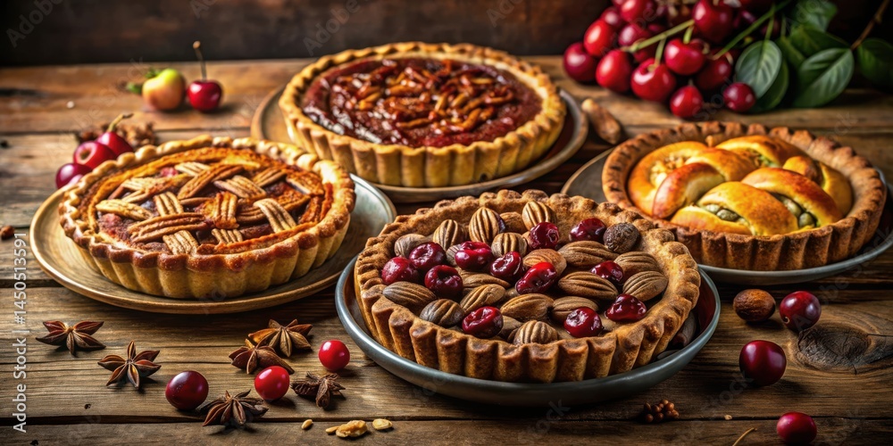 Poster a delectable selection of freshly baked pies adorned with various toppings, including pecans and che