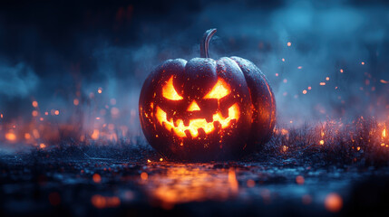 Fototapeta premium A glowing jack-o'-lantern with a menacing grin sits amidst a field of flickering embers and smoke