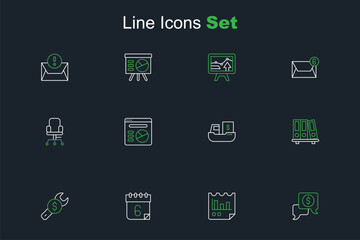 Set line Business negotiations, Document with graph chart, Calendar, Repair price, Office folders, Cargo ship boxes delivery, Pie infographic and chair icon. Vector