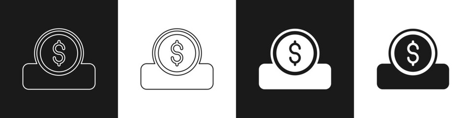 Set Coin money with dollar symbol icon isolated on black and white background. Banking currency sign. Cash symbol. Vector
