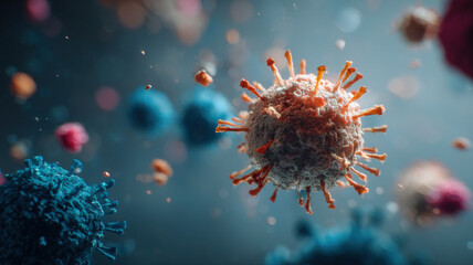 Close-Up of Virus with Spikes, Health Crisis — a detailed and modern 3D-style concept ideal for tech visuals, infographics, marketing materials, and futuristic digital presentations.