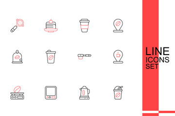 Set line Iced coffee, Electric kettle, Electronic scales, Location with cup, Coffee filter holder, to go and Bag beans icon. Vector