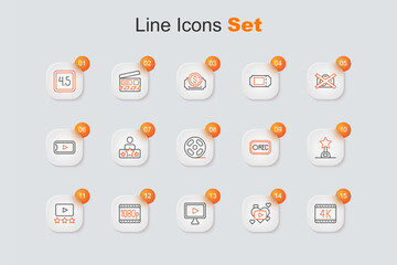 Set line 4k movie, Romantic, Online play video, Full HD 1080p, Rating, Movie trophy, Record button and Film reel icon. Vector