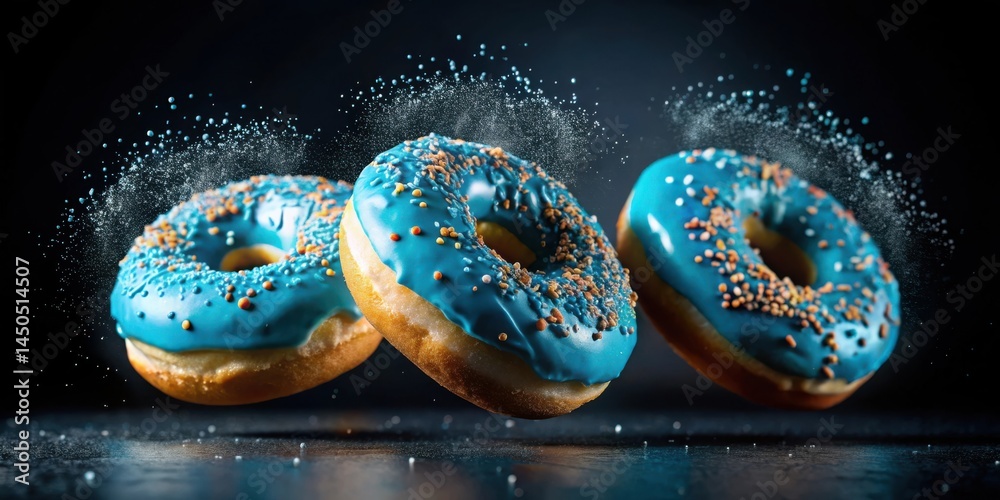 Poster three blue frosted donuts with sprinkles levitate against a black background, creating a dynamic and