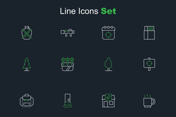 Set line Coffee cup, Hunting shop, Cartridges, Hiking backpack, Target sport, Tree, Quiver with arrows and icon. Vector