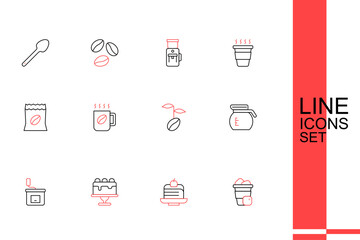 Set line Iced coffee, Piece cake, Cake, Manual grinder, Coffee pot, beans, cup and Bag icon. Vector