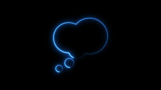 Illuminated neon blue thought bubble animated on black background for messaging