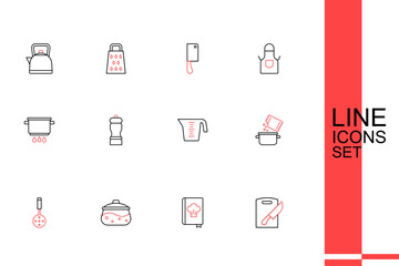 Set line Cutting board and knife, Cookbook, Cooking pot, Spatula, spice, Measuring cup, Pepper and on fire icon. Vector