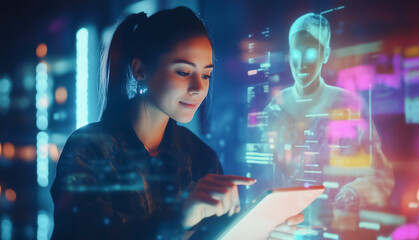 Woman interacts with futuristic holographic interface and AI figure, exploring data and innovation in a concept of future technology and human-digital collaboration.