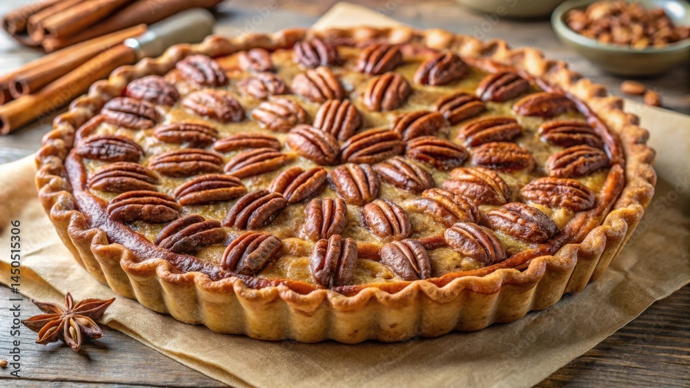 Poster a golden pecan pie with a flaky crust, bursting with the rich flavor of pecans and cinnamon