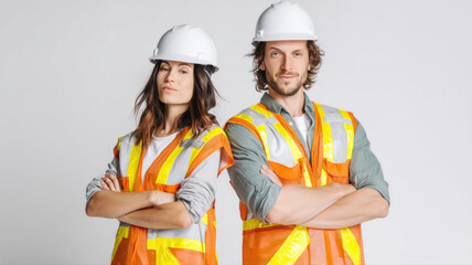 Confident construction workers in safety vests — a detailed and modern 3D-style concept ideal for tech visuals, infographics, marketing materials, and futuristic digital presentations.