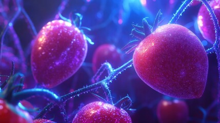 Futuristic tomato battle in a cyberpunk city filled with neon lights and vibrant chaos in a thrilling digital landscape featuring vector art