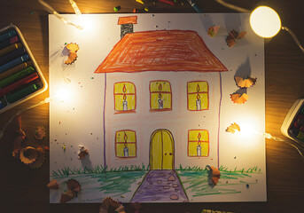 A colorful and whimsical drawing of a house with lit candles and festive lights.
