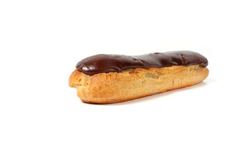 Chocolate éclair isolated on a white background, classic French pastry