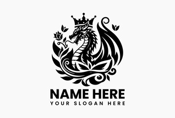Royal dragon head logo in vector format featuring crown and blooming floral elements, stylized mythical emblem on white background for fantasy-themed branding 