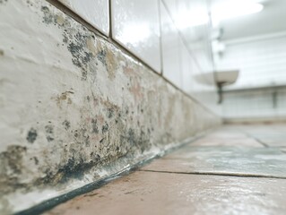 Close up of black mold growing on bathroom wall tiles and floor, indicating a serious moisture and hygiene problem