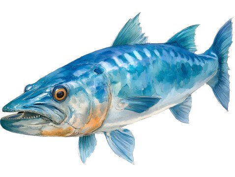 A detailed illustration depicts a vibrant blue king mackerel fish with teeth and prominent fins against a white background.