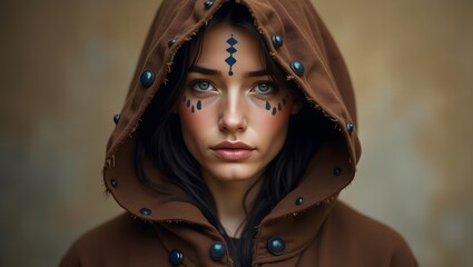 Portrait of a woman with face paint wearing a hooded brown cloak with button details close up view