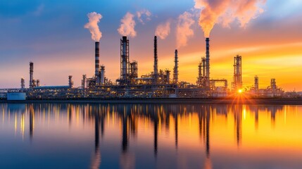 Obraz premium Industrial refinery at sunset with water reflection