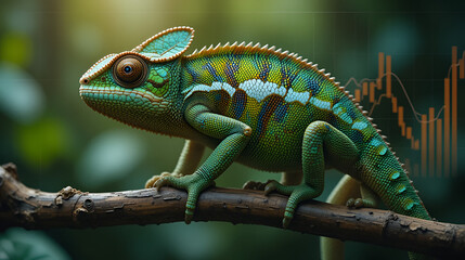 Obraz premium Chameleon on a branch with skin pattern morphing into a financial chart, adaptability in business.