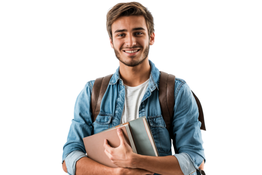 Smiling male student in casual clothing holding books and wearing a backpack, ready for class or study isolated on transparent background
