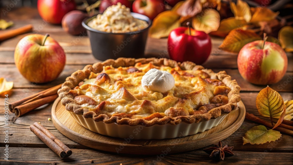 Poster a delicious apple pie with a flaky crust, topped with a dollop of whipped cream, surrounded by autum