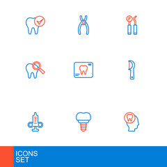 Set line Toothache, Dental implant, Syringe, floss, Broken tooth, X-ray of, mirror and probe and pliers icon. Vector
