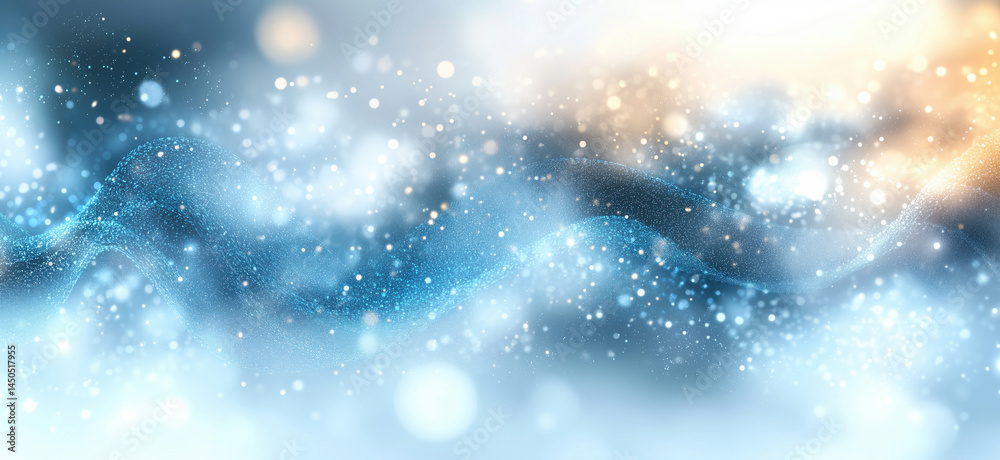 Poster abstract blue and gold wave background with sparkling particles and soft bokeh effect.