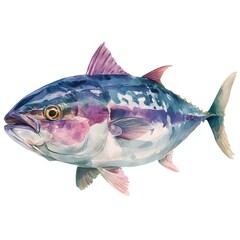 Fototapeta premium A vibrant watercolor painting depicts a detailed albacore tuna swimming gracefully against a stark white background.