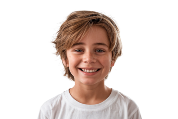 Smiling young boy with blonde hair wearing a white shirt, looking at the camera with a cheerful and friendly expression on transparent background