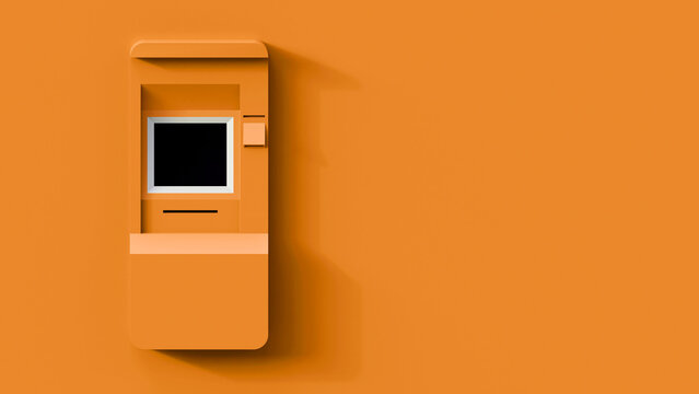 3d rendering illustration of he ATM machine isolated with copy space on a yellow background. Minimal 3d ATM. 3d render. ATM terminal banking machine front view with space for text.