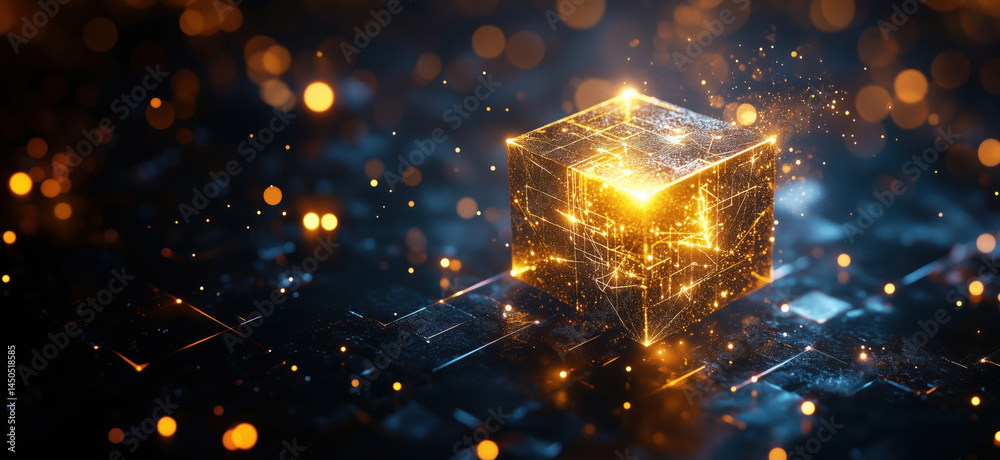 Poster glowing digital cube with intricate patterns and sparkling lights on dark background.