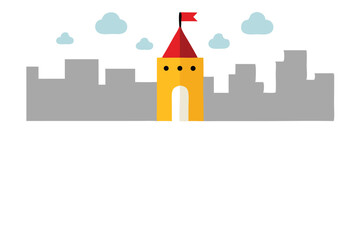 Cartoon castle with tower, red flag, grey walls and blue sky