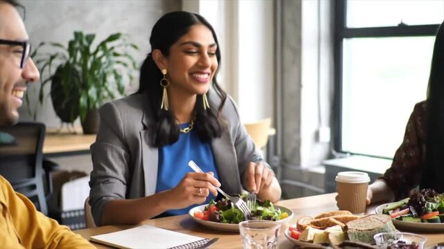 Office, food and portrait of woman in meeting with salad and team with lunch, and energy for productivity. Coworking, employee and girl with healthy meal and eating with friends in work or cafeteria