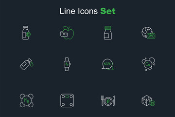 Set line No sugar free, Vegan food diet, Bathroom scales, Magnesium, Calcium, Kcal, Smart watch with heart and Bottle of water icon. Vector