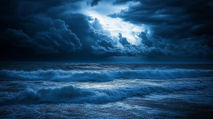 A dark stormy night over the ocean with storm clouds blocking the moonlight and churning waves weather anger sadness depression mental illness sense of loss concepts danger background with copy space